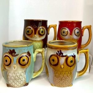 4 Gibbon Ceramic Glazed Owl Mugs Approx. 4" tall 12oz. Microwave dishwasher safe